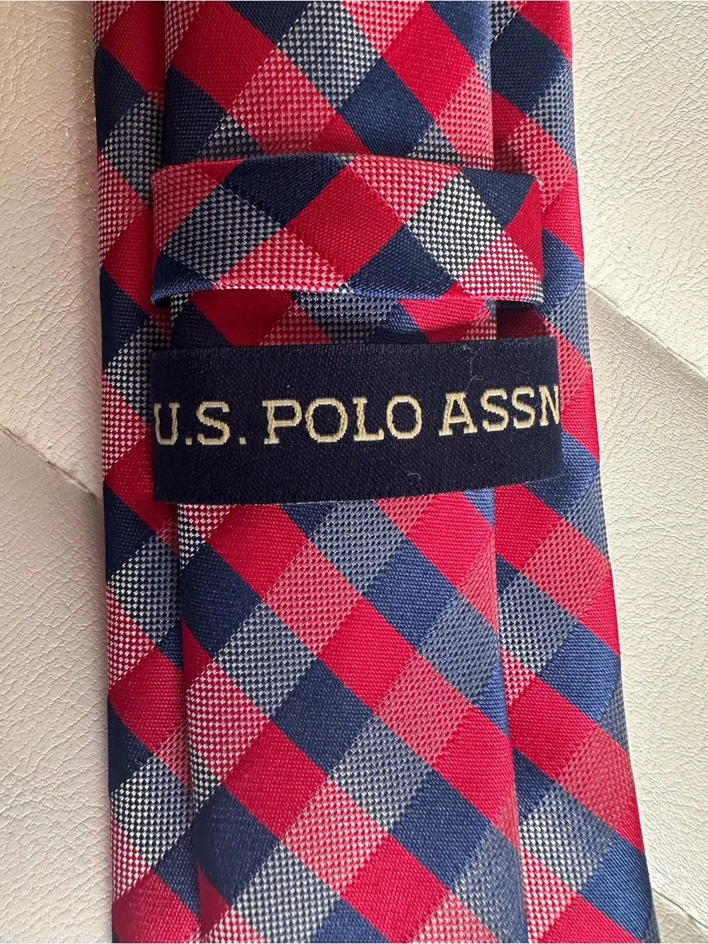 US Polo Assn Red White Blue Grid Hand Made Polyester Men’s Necktie 59